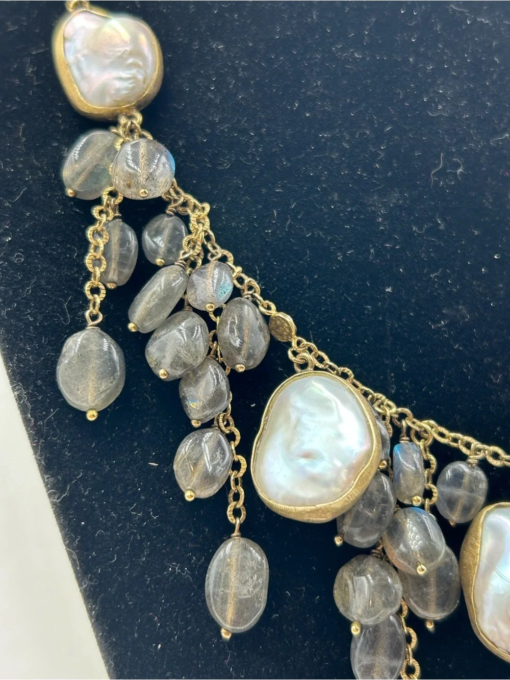 Ross Simons Gold Tone Baroque Station Mobe Pearl and Labradorite Necklace